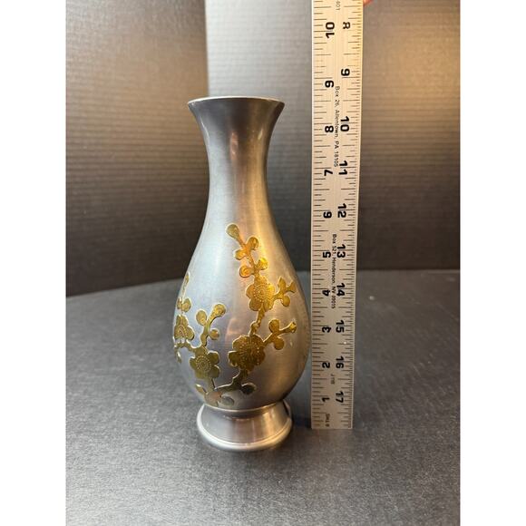 Vtg Metal Pewter w/Brass Floral Overlay Decorative Vase 8.5" Tall Hong Kong - Picture 7 of 8